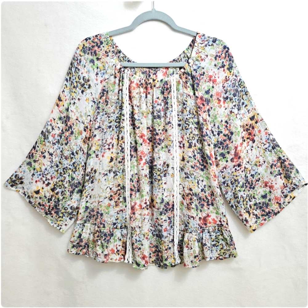 Colorful Peplum Style Top with Crocheted Trim, Size XL